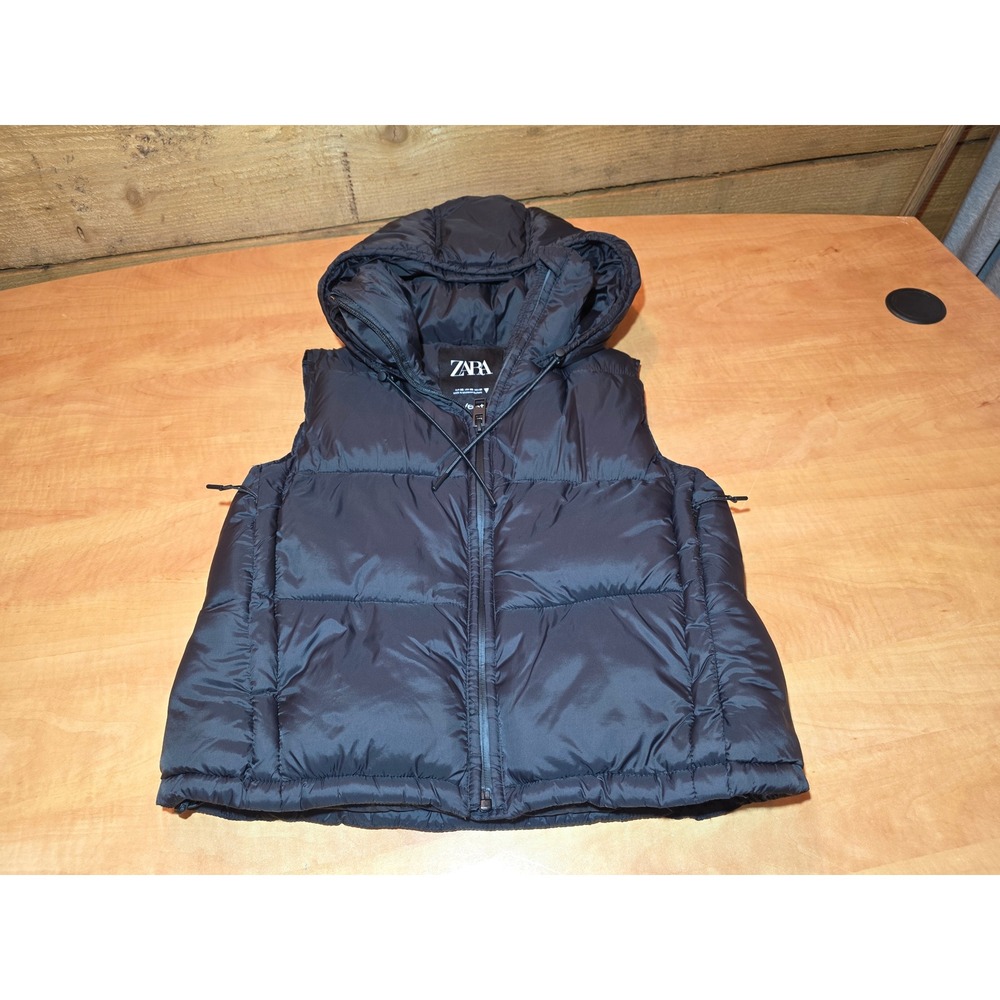 Zara TRF Heat PWR Black Puffer‎ Vest Hooded Water Repellent Size XS